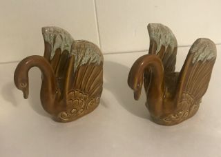 2 Vintage Van Briggle Art Pottery Swan Flower Frog Brown Drip Glaze Exc