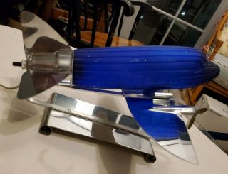 1970s Sarsaparilla Handblown Cobalt Blue Glass & Chrome Dc - 3 Plane Lamp Art Deco