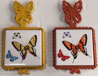 Vtg.  Set Of 2 Ceramic Tile In Cast Iron Frame Trivets - Made In Japan - Butterflies