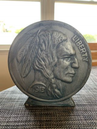 Vtg Indian Head Buffalo Coin Bank - Embossed Metal on Base FIVE CENT 2