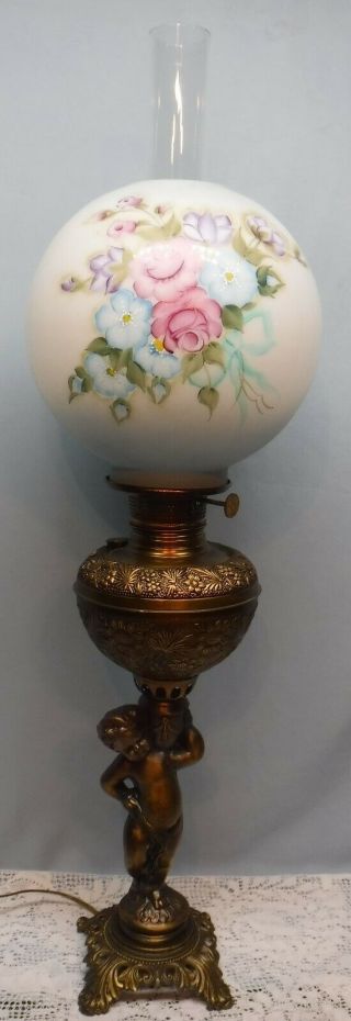 Antique Cherub Oil Parlor Banquet Gwtw Table Lamp W/ Hand Painted Shade Globe