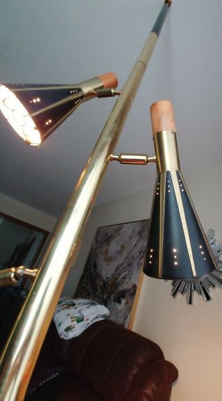 Stiffel Tension Pole Floor Lamp Walnut Black Brass Atomic Era Mcm Danish Modern