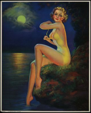 1930s Art Deco Vintage Pin - Up Print By Laurette Patten Titled A Moonlight Nymph