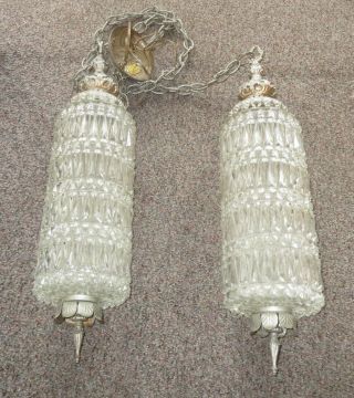 Vintage Mid Century Crystal Glass Hanging Light Fixture Double Pendant Swag Lamp