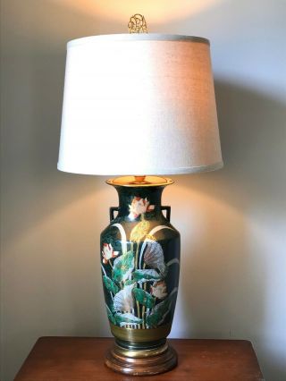 Rare Vintage Frederick Cooper Lamp Green Lotus Blossom Hand Painted Chinoiserie