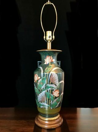 RARE Vintage Frederick Cooper Lamp Green Lotus Blossom Hand Painted Chinoiserie 2
