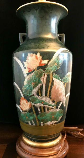 RARE Vintage Frederick Cooper Lamp Green Lotus Blossom Hand Painted Chinoiserie 3