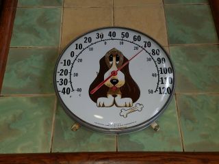 Vtg 60s The Jumbo Dial Ohio Thermometer Co Glass Domed Basset Hound Dog