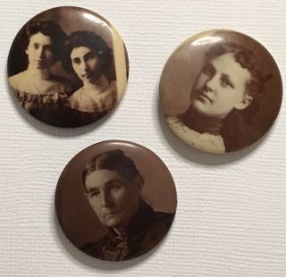 3 Antique Vintage Victorian Woman’s Photo Portrait Mourning Brooch Pin Buttons