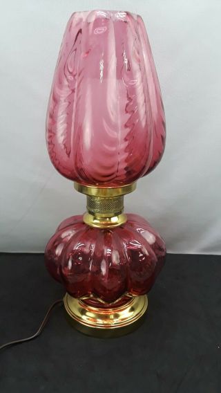 Fenton Country Cranberry Glass Lamp Pulled Feather Shade 1982 Hurricane Gwtw