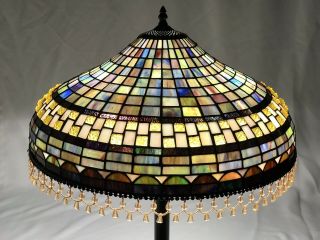 Vtg Stained Slag Glass Lamp Shade Arts & Crafts,  Mission Large 20“ Beaded Fringe
