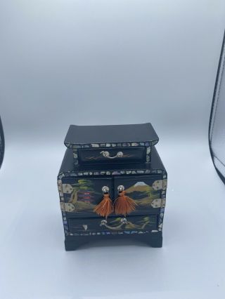 Vintage Japan Black Lacquer Jewelry Box Mother Of Pearl Inlay