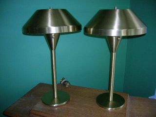 Pair Mid Century Modern Nessen Brass Table Lamps With Brass Shades