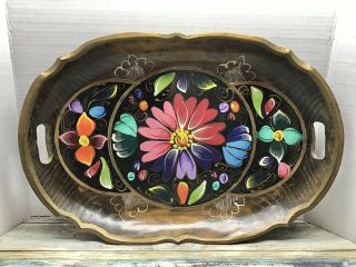 Vintage Mexican Folk Art Batea Wooden Tray Oval Bowl Hand Painted 12x19