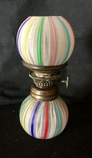 Antique Miniature Oil Kerosene Venetian Lamp Ribbon Latticino Glass