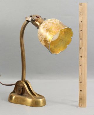 Small Early 20thc Antique Brass Adjustable Desk Table Lamp Art Glass Shade
