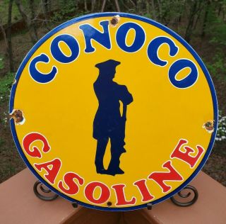 Old Vintage Yellow Conoco Gasoline Porcelain Enamel Gas Pump Advertising Sign