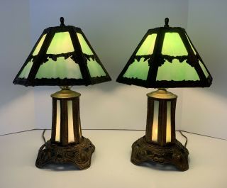 Vtg Pair Art Nouveau Green Slag Glass Gilt Metal Table Lamps 3 Way Light 17 "