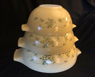 Vintage Pyrex Shenandoah 3pc Cinderella Nesting Mixing Bowl Set 442 - 444 Yellow