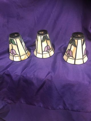 Set Of 3 Tiffany Style Lamp Shades Globes Stained Glass Pink Tulip Flower Slag