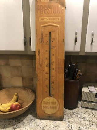 Distressed Vintage Eveready Prestone Anti - Freeze Thermometer Metal Sign 36”