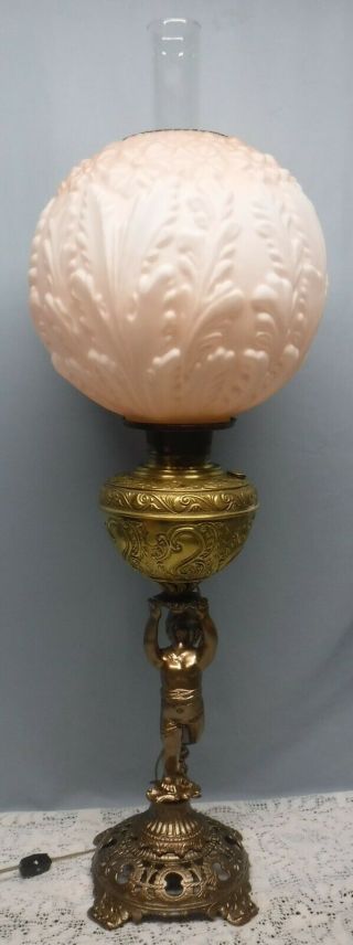 Antique Cherub Oil Parlor Banquet Gwtw Table Lamp W/ Large Pink Shade Globe Elec