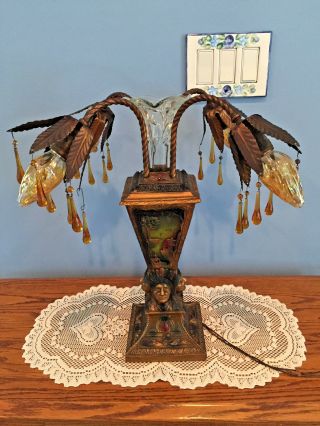 Rare Antique Art Deco Reverse Painted Amber Prism Floral Banquet Table Lamp