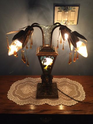 Rare Antique Art Deco Reverse Painted Amber Prism Floral Banquet Table Lamp 2