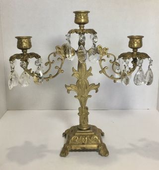 Vintage Pair French Brass 3 Light Crystal Candelabra