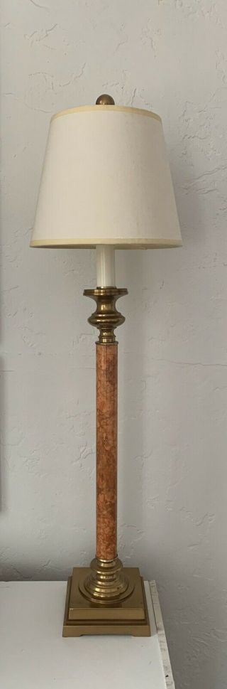 Hollywood Regency Marbleized Brass Candlestick Lamp,  Shade Chapman