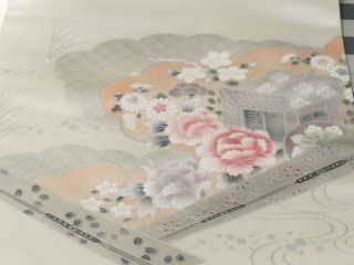 Japanese Nagoya Obi Silk Fabric Hand Painted Cart/flowers/fans (12 X 50 Inches)