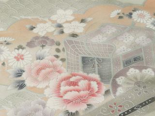 Japanese Nagoya Obi Silk Fabric Hand Painted Cart/Flowers/Fans (12 x 50 inches) 3