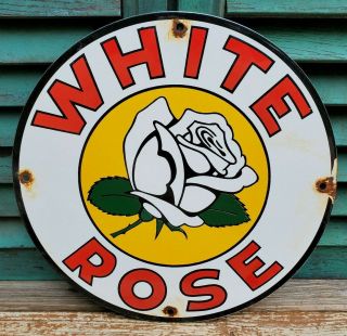 Vintage " Enarco White Rose Gasoline " W/ Flower 11 3/4 " Porcelain Metal Oil Sign