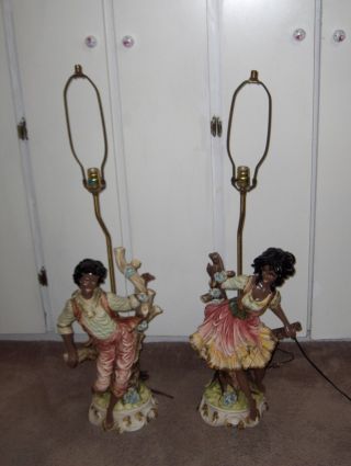 2 Vintage Capodimonte Table Lamps Figural African American Boy & Girl Unique