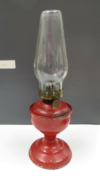 Vintage Small Red Painted Metal Oil Lamp With Gem Pine Chimney