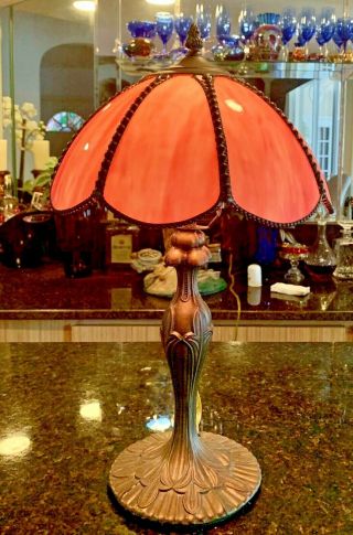 19 " Rose Pink Slag Glass Tulip Lilly Lotus Flower Shade Brass Stand Table Lamp
