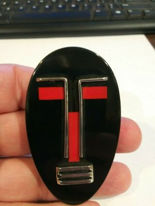 Vintage Rare Art Deco Bakelite African Face Mask Pin.  Black,  Chrome,  Inlaid Red