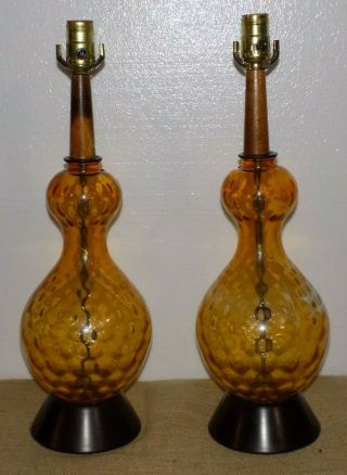 Pair Vtg Mid Century Table Lamp Amber Glass Globe Bubble Mcm Wood Honeycomb