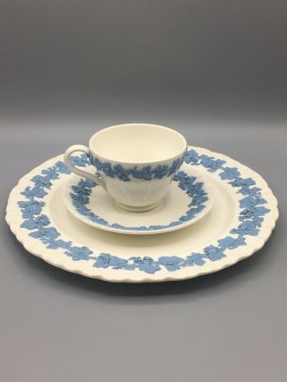 Vtg Wedgwood Embossed Queensware Lavender Blue Cup Saucer & 10 1/8 Inch Plate