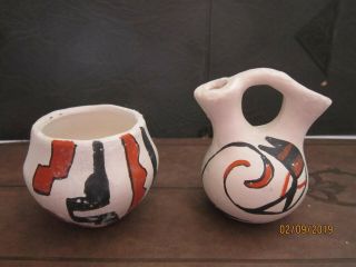 2 Vases Clay Indian Pottery Hand Painted Signed Vintage Wedding Pot 2 1/2 " Mini