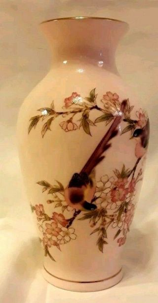 Yamaji Japan Pink Porcelain Birds Of Paradise 7 " Flower Vase Floral Gold Trim