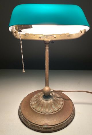Antique Emeralite Green Orig Glass Shade Bankers Desk Lamp 8734 H.  G.