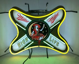 2006 Miller Lite High Life Girl Beer Neon Electric Lighted Sign 30”x24”