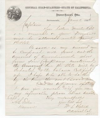 1868 Letter From Adjutant Generals Office California To Captain For Compensation