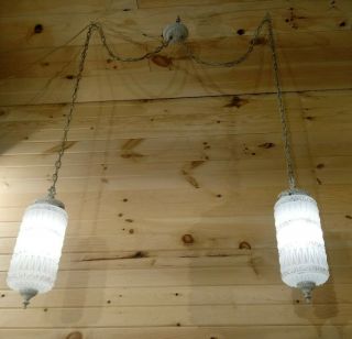 Vintage Hanging Double Pendant Light Fixture Clear Frosted Glass Large Shades