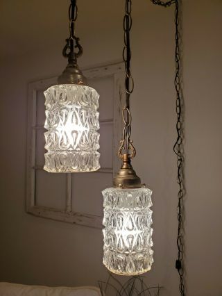 Rewired Mid Century Regency Double Clear Pressed Glass Hanging Swag Lights Lamps