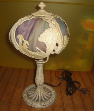 Oriental Theme Metal & Slag Glass Boudoir Lamp