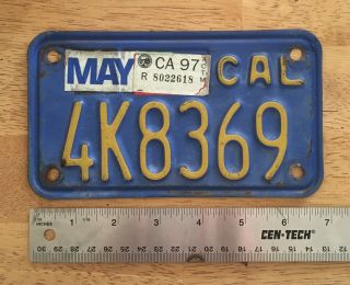 California Vintage Motorcycle Blue/yellow License Plate 4k8369 May 1997 Stickers