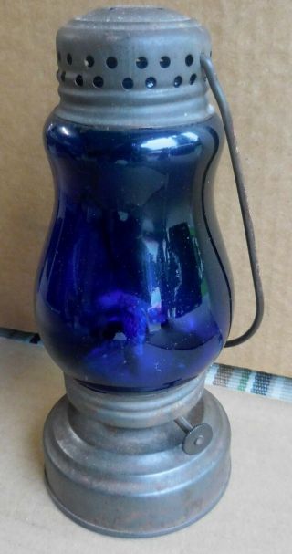Tin Oil Or Kerosene Skaters Lamp Lantern Blue Glass
