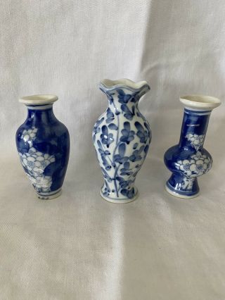 Set Of 3 Small Bud Vases Blue And White Painted Asian Boho